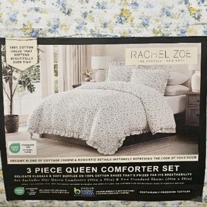 Rachel Zoe Florals and Soft Ruffles on Cotton Gauze Blue  Comforter Set 90”x90”